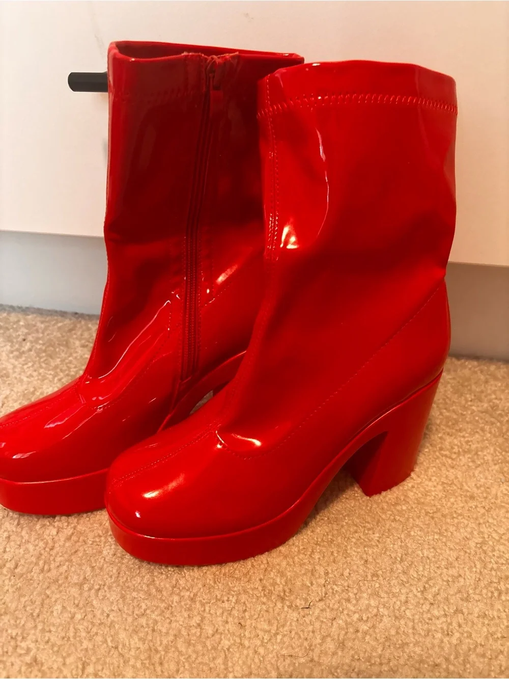 Dream Pairs Red Patent Platform Block Heel Ankle Boots